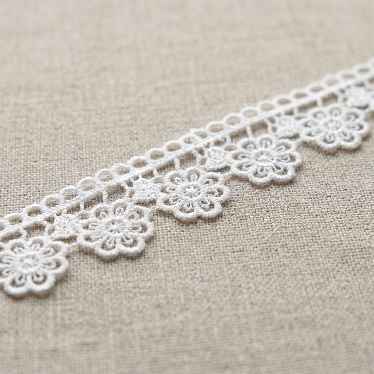 Encaje de Guipur Festoneado con Flores Angosto Blanco — Sartoria Studio