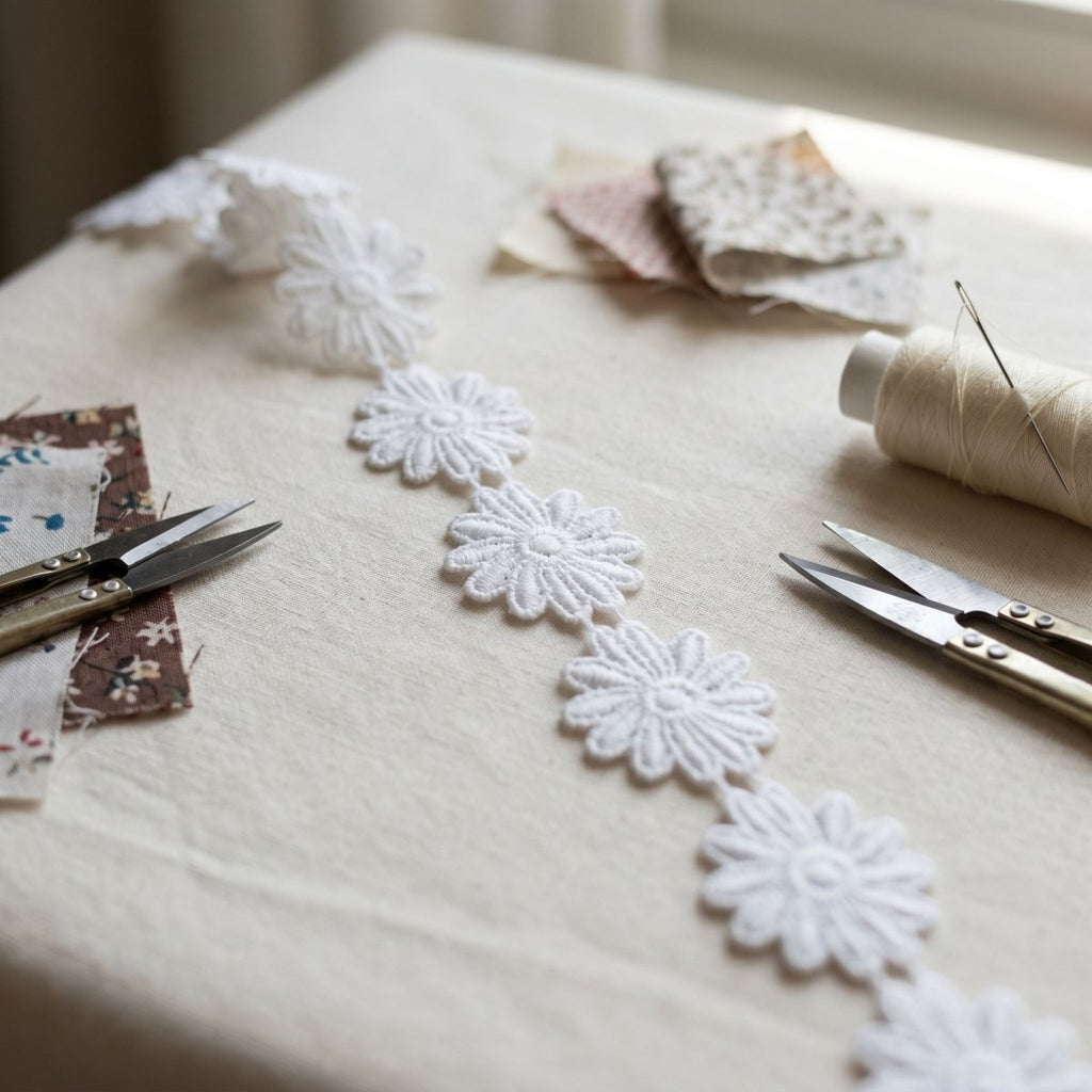 Tira de Margaritas de Guipur Grandes Blanco 4 cm, pasamanería decorativa por metro — Sartoria Studio