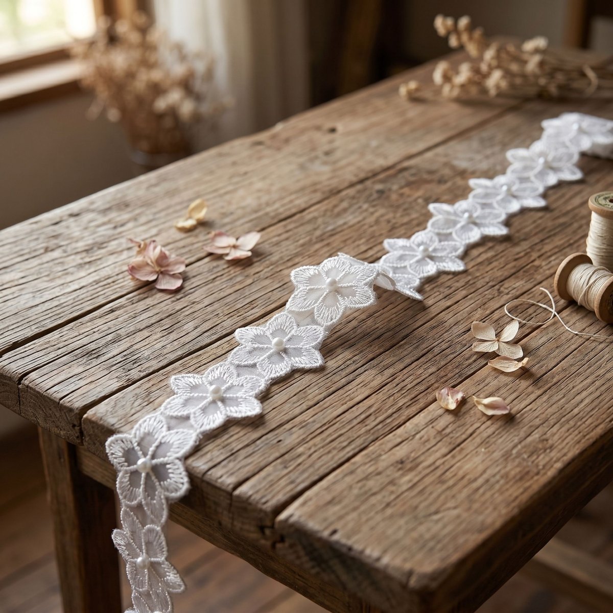 Tira de Organza con Flores y Perla Blanca 4.3 cm, pasamanería decorativa por metro — Sartoria Studio